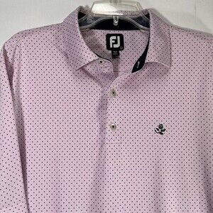 FJ FootJoy Shirt Mens Golf Polo Large Pink Navy Polka Dot Droptail Stretch